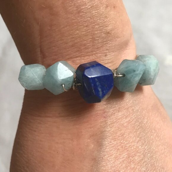 Lapis Lazuli Aquamarine Sterling Silver 925 Cuff Bracelet Handmade Gemstone - Picture 2 of 7